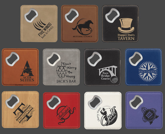 4” x 4” Square Laser Engraved Leatherette Bottle Opener Coaster